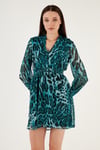 V Yaka Regular Fit Gipeli Düğme Detaylı Şifon Mini Abiye Kadın Elbise 611EL01433 Mavi-Siyah
