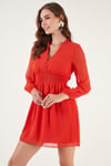 V Yaka Regular Fit Gipeli Düğme Detaylı Şifon Mini Abiye Kadın Elbise 611EL01433 ORANGE