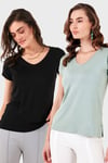 V Yaka Relaxed Fit Yırtmaç Detaylı 2'li Paket Kadın Bluz 5862000S2 SİYAH-ÇAĞLA