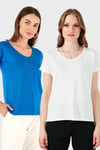 V Yaka Relaxed Fit Yırtmaç Detaylı 2'li Paket Kadın Bluz 5862000S2 Ekru-Saks