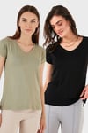V Yaka Relaxed Fit Yırtmaç Detaylı 2'li Paket Kadın Bluz 5862000S2 SİYAH-Olive