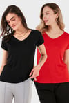 V Yaka Relaxed Fit Yırtmaç Detaylı 2'li Paket Kadın Bluz 5862000S2 SİYAH-KIRMIZI