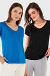 V Yaka Relaxed Fit Yırtmaç Detaylı 2'li Paket Kadın Bluz 5862000S2 SİYAH-SAKS