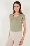 V Yaka Relaxed Fit Yırtmaç Detaylı 2'li Paket Kadın Bluz 5862000S2 Ekru-Olive