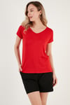 V Yaka Relaxed Fit Yırtmaç Detaylı 2'li Paket Kadın Bluz 5862000S2 SİYAH-KIRMIZI