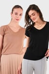 V Yaka Relaxed Fit Yırtmaç Detaylı 2'li Paket Kadın Bluz 5862000S2 SİYAH-BİSKÜVİ