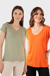 V Yaka Relaxed Fit Yırtmaç Detaylı 2'li Paket Kadın Bluz 5862000S2 ORANJ-Olive