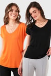 V Yaka Relaxed Fit Yırtmaç Detaylı 2'li Paket Kadın Bluz 5862000S2 SİYAH-ORANJ