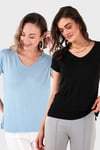 V Yaka Relaxed Fit Yırtmaç Detaylı 2'li Paket Kadın Bluz 5862000S2 SİYAH-BEBE MAVİ