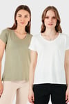 V Yaka Relaxed Fit Yırtmaç Detaylı 2'li Paket Kadın Bluz 5862000S2 Ekru-Olive