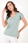 V Yaka Relaxed Fit Yırtmaç Detaylı 2'li Paket Kadın Bluz 5862000S2 EKRU-ÇAĞLA