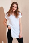 V Yaka Yırtmaç Detaylı % 100 Pamuk Kadın T Shirt 5411062 BEYAZ
