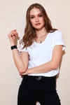 V Yaka Yırtmaç Detaylı % 100 Pamuk Kadın T Shirt 5411062 BEYAZ