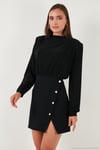 Vatkalı Regular Fit Yırtmaç Detaylı Dik Yaka Mini Boy Abiye Kadın Elbise 611EL751 SİYAH