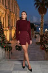 Vatkalı Regular Fit Yırtmaç Detaylı Dik Yaka Mini Boy Abiye Kadın Elbise 611EL751 BORDO