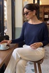 Vücuda Oturan Kayık Yaka Uzun Kollu Yumuşak Örme Kadın Bluz 5866853 LACİVERT