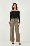 Wide Leg Yüksek Bel Kıvırma Detaylı Bol Paça Kemerli Kadın Pantolon 6923841 HAKİ