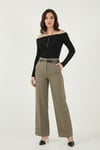 Wide Leg Yüksek Bel Kıvırma Detaylı Bol Paça Kemerli Kadın Pantolon 6923841 HAKİ
