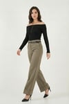 Wide Leg Yüksek Bel Kıvırma Detaylı Bol Paça Kemerli Kadın Pantolon 6923841 HAKİ