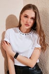 Yakası Baskılı Bisiklet Yaka Basic Örme Kadın T Shirt 5864054 BEYAZ