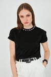 Yakası Baskılı Bisiklet Yaka Basic Örme Kadın T Shirt 5864054 SİYAH