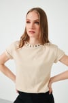Yakası Baskılı Bisiklet Yaka Basic Örme Kadın T Shirt 5864054 TAŞ