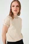 Yakası Baskılı Bisiklet Yaka Basic Örme Kadın T Shirt 5864054 TAŞ