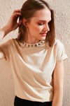 Yakası Baskılı Bisiklet Yaka Basic Örme Kadın T Shirt 5864054 TAŞ