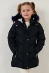 Yakası Suni Kürklü Peluş Astarlı Kapüşonlu Kışlık Şişme Kız Çocuk Mont 6035018 LACİVERT
