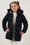 Yakası Suni Kürklü Peluş Astarlı Kapüşonlu Kışlık Şişme Kız Çocuk Mont 6035018 LACİVERT