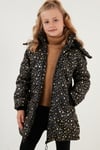 Yakası Suni Kürklü Yıldız Desenli Çıkarılabilir Kapüşonlu Peluş Astarlı Kışlık Kız Çocuk Mont 5760050 SİYAH