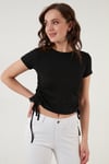 Yanlardan Büzgülü Kısa Kollu Crop Kadın Bluz 5864010 SİYAH