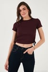 Yanlardan Büzgülü Kısa Kollu Crop Kadın Bluz 5864010 VİŞNE