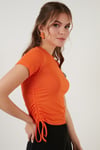 Yanlardan Büzgülü Kısa Kollu Crop Kadın Bluz 5864010 ORANJ