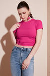 Yanlardan Büzgülü Kısa Kollu Crop Kadın Bluz 5864010 FUŞYA