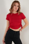Yanlardan Büzgülü Kısa Kollu Crop Kadın Bluz 5864010 KIRMIZI