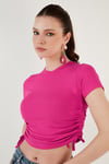 Yanlardan Büzgülü Kısa Kollu Crop Kadın Bluz 5864010 FUŞYA