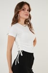 Yanlardan Büzgülü Kısa Kollu Crop Kadın Bluz 5864010 EKRU