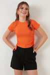 Yanlardan Büzgülü Kısa Kollu Crop Kadın Bluz 5864010 ORANJ