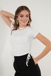 Yanlardan Büzgülü Kısa Kollu Crop Kadın Bluz 5864010 EKRU
