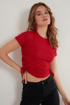 Yanlardan Büzgülü Kısa Kollu Crop Kadın Bluz 5864010 KIRMIZI