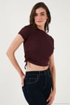 Yanlardan Büzgülü Kısa Kollu Crop Kadın Bluz 5864010 VİŞNE