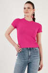 Yanlardan Büzgülü Kısa Kollu Crop Kadın Bluz 5864010 FUŞYA