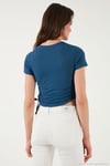Yanlardan Büzgülü Kısa Kollu Crop Kadın Bluz 5864010 İNDİGO