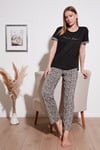 Yumuşak Dokulu Bisiklet Yaka Kadın Pijama Takımı 6097605 SİYAH-LEOPAR