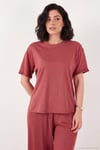 Yumuşak Dokulu Bisiklet Yaka Lastikli Bel Kısa Kollu Kadın Pijama Takımı 65720102 KİREMİT