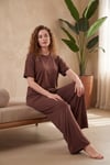 Yumuşak Dokulu Bisiklet Yaka Lastikli Bel Kısa Kollu Kadın Pijama Takımı 65720102 KOYU KAHVE