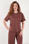 Yumuşak Dokulu Bisiklet Yaka Lastikli Bel Kısa Kollu Kadın Pijama Takımı 65720102 KOYU KAHVE