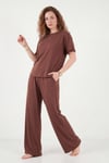 Yumuşak Dokulu Bisiklet Yaka Lastikli Bel Kısa Kollu Kadın Pijama Takımı 65720102 KOYU KAHVE