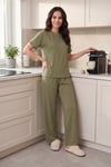 Yumuşak Dokulu Bisiklet Yaka Lastikli Bel Kısa Kollu Kadın Pijama Takımı 65720102 HAKİ